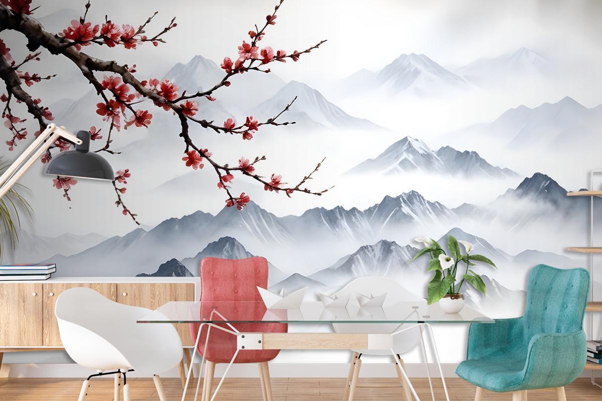 Snowy Mountainscape With Cherry Blossom Wallpaper Mural