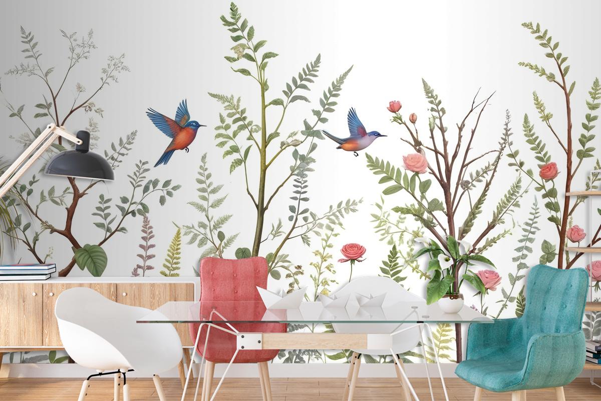 Spring Flower With Birds On The Trees Wallpaper Mural