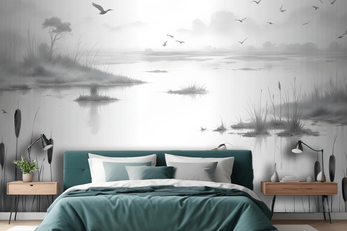 Traditional Chinese Black & White Ink Lake Wallpaper Mural