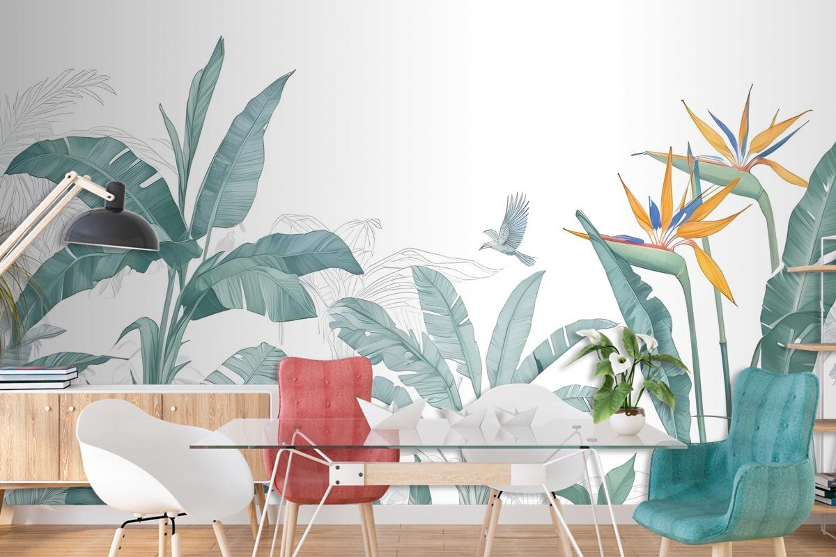 Tropical Banana Leaf With A Bird Wallpaper Mural