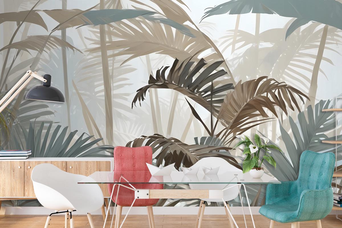 Tropical Leaf Painting With Brush Strokes Wallpaper Mural