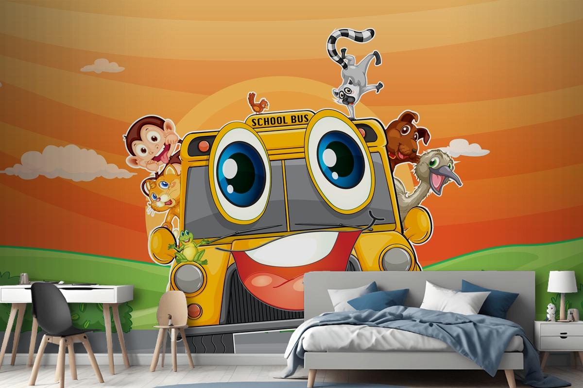 Various Animals In School Bus Wallpaper Mural