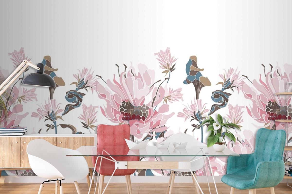 Pink Flowers Herbs Wallpaer Mural
