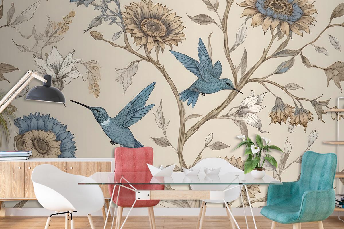 Vintage Flower With Hummingbird Wallpaper Mural