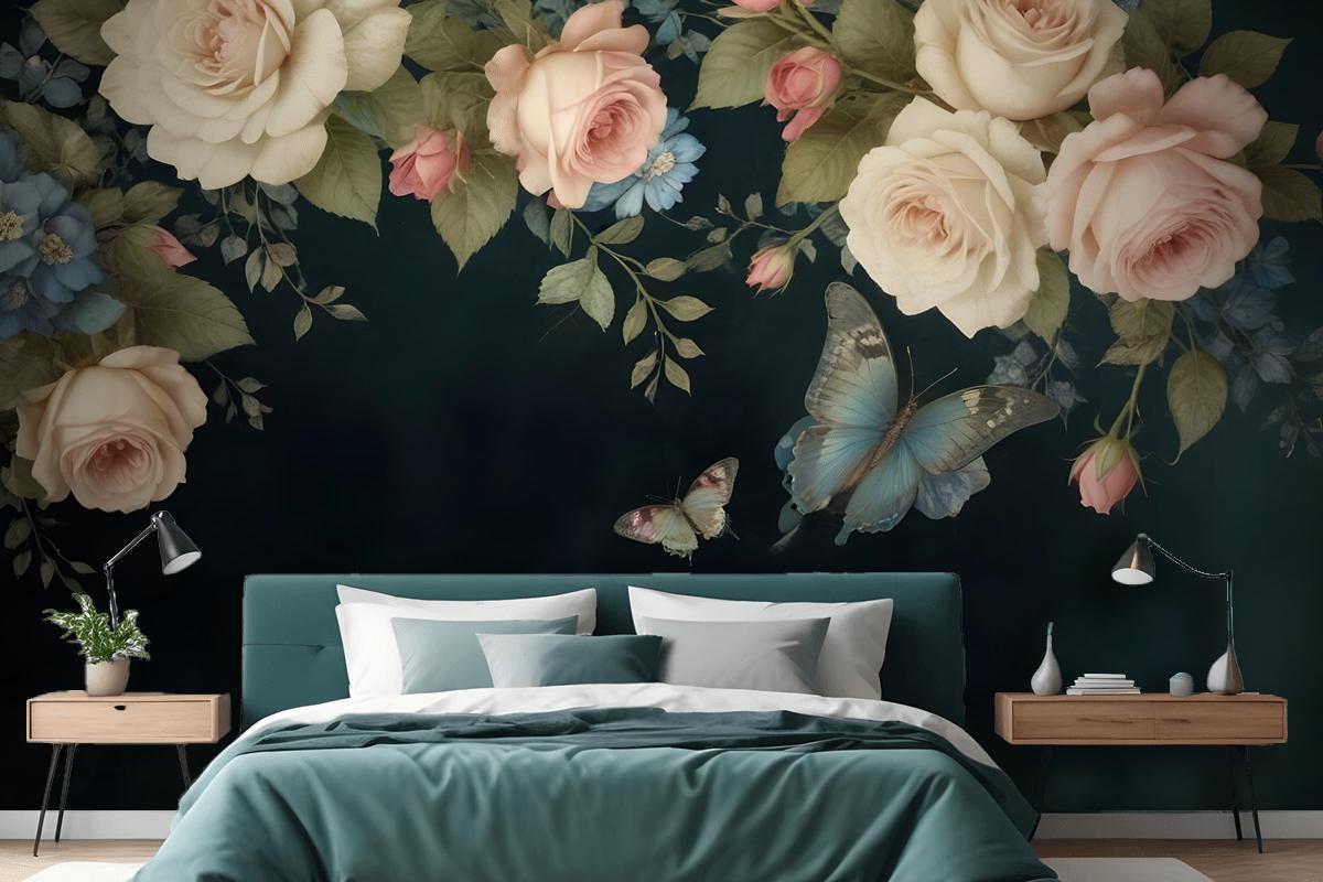 Vintage Oil Painting Dark Roses Bedroom Wallpaper Mural