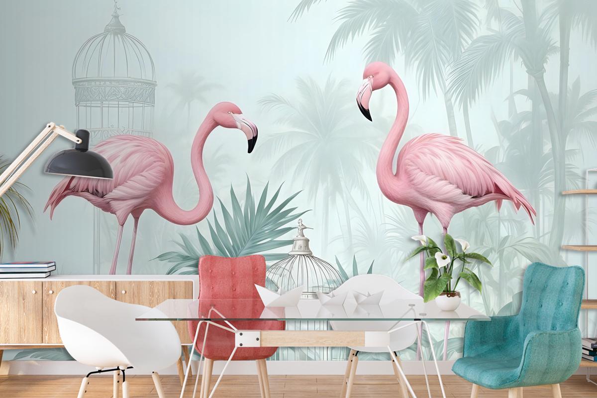 Vintage Pink Flamingo With Tropical Leaves Wallpaper Mural