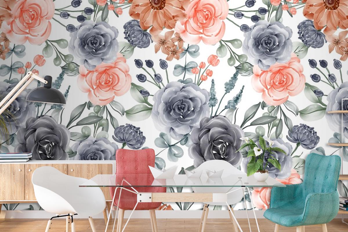 Watercolor Background Seamless Pattern Flower Navy And Peach Wallpaper Mural