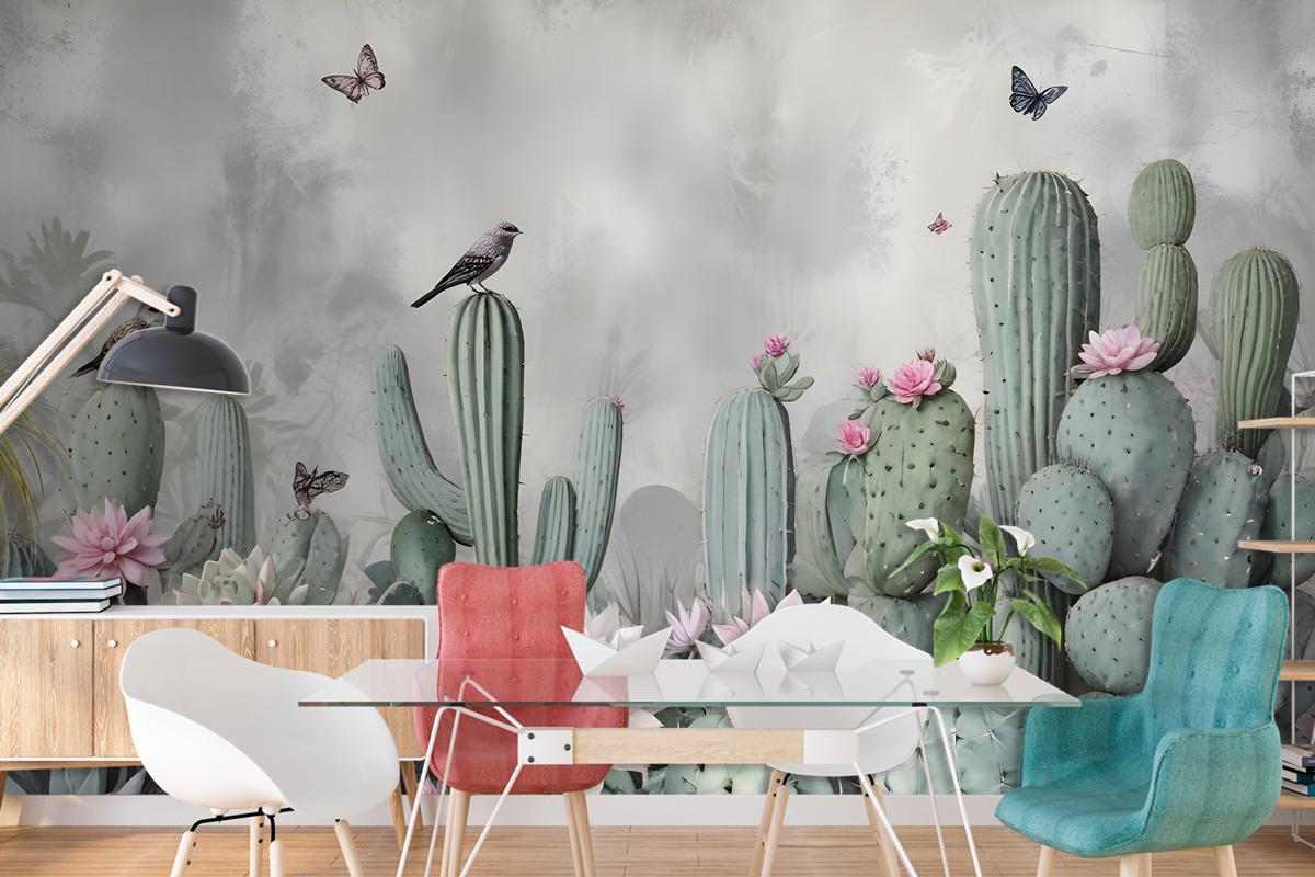 Watercolor Cactus With Flowers Wallpaper Mural