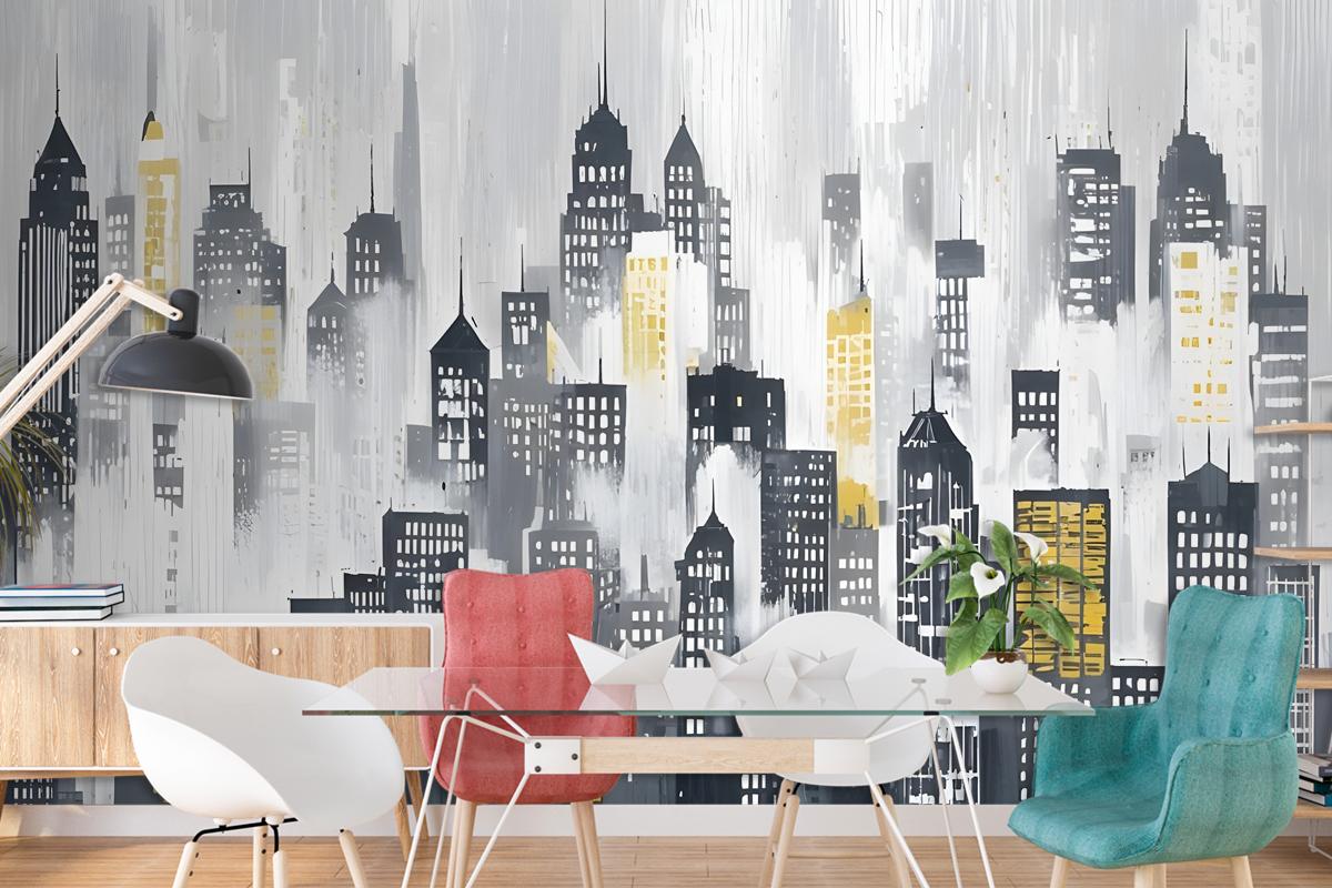 Watercolor City Silhouette Wallpaper Mural