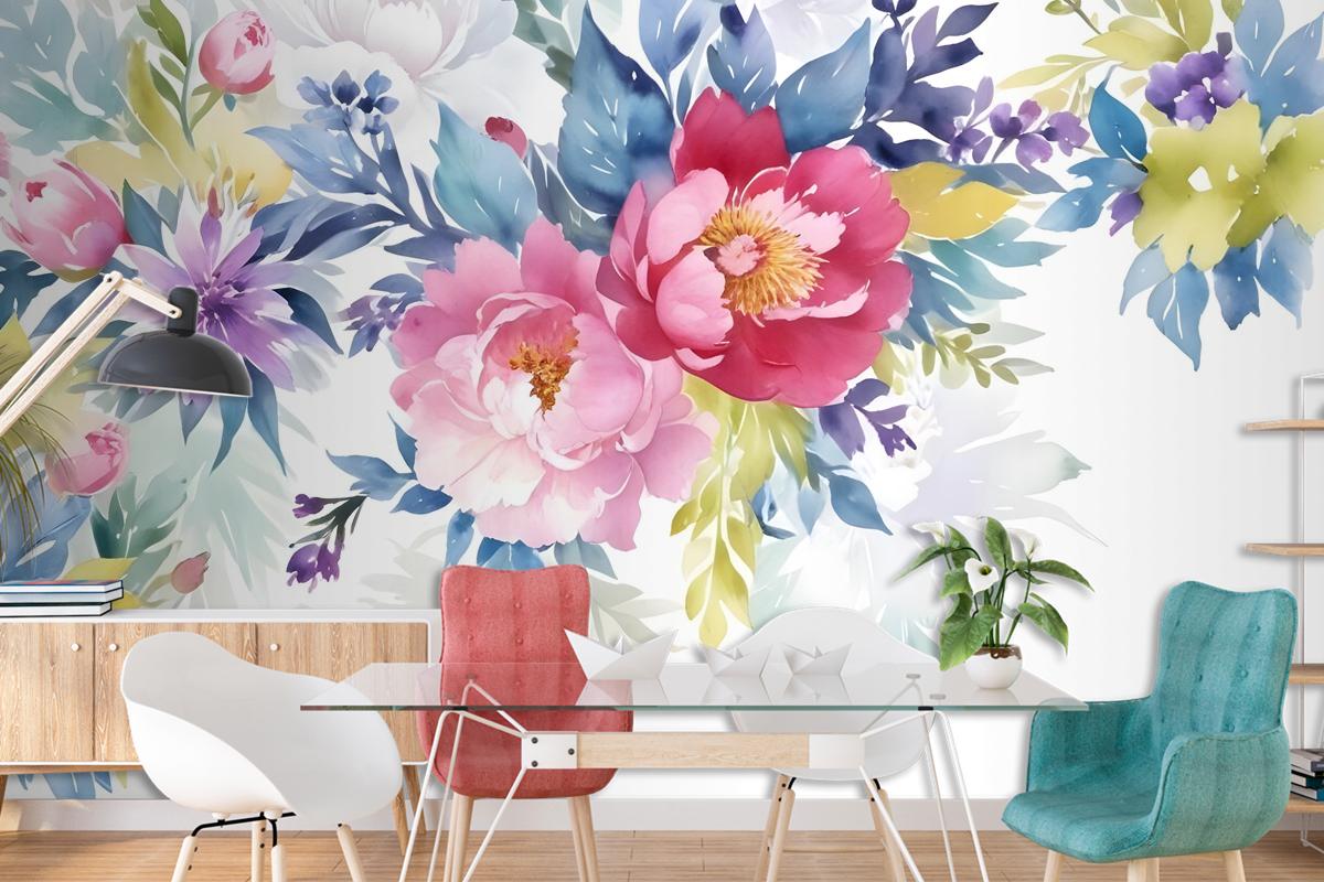 Watercolor Colorful Peony Flowers Wallpaper Mural