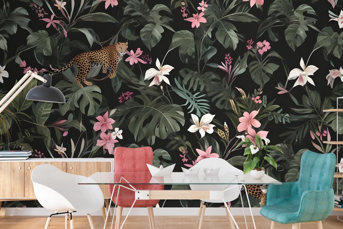 Watercolor Dark Tropical Art With Leopard Wallpaper Mural