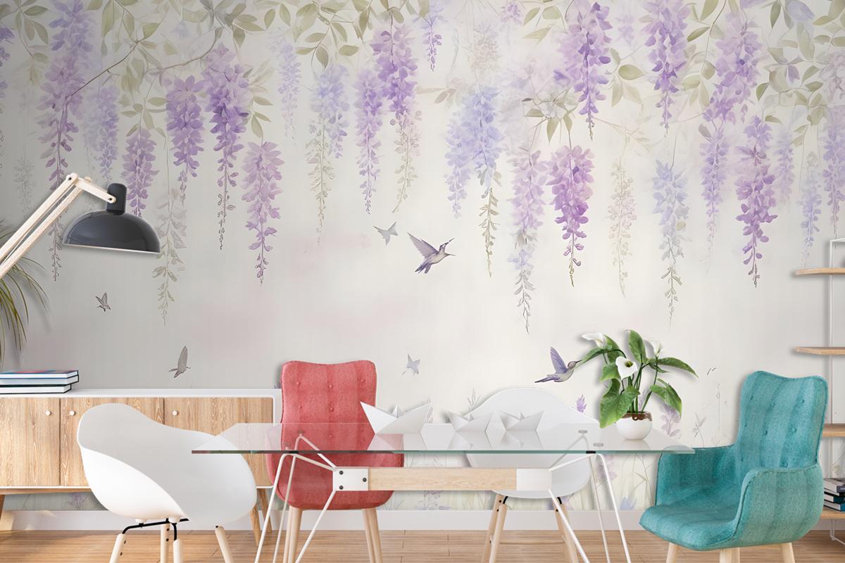 Watercolor Hanging Wisteria Flowers With Hummingbirds Wallpaper Mural
