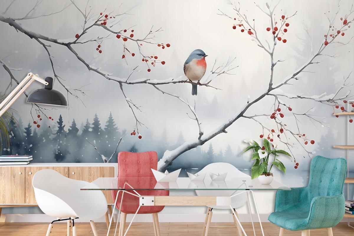 Watercolor Lake Landscape With Birds Wallpaper Mural