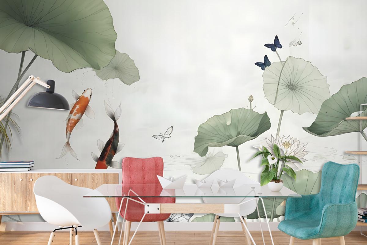 Watercolor Lotus Flower And Butterflies Wallpaper Mural