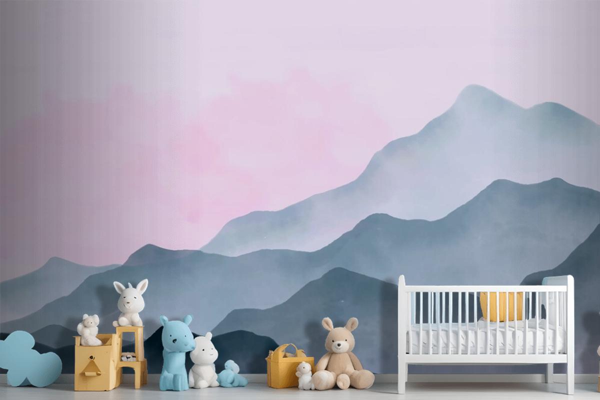 Watercolor Mountains Background With Pink Sky Wallpaper Mural
