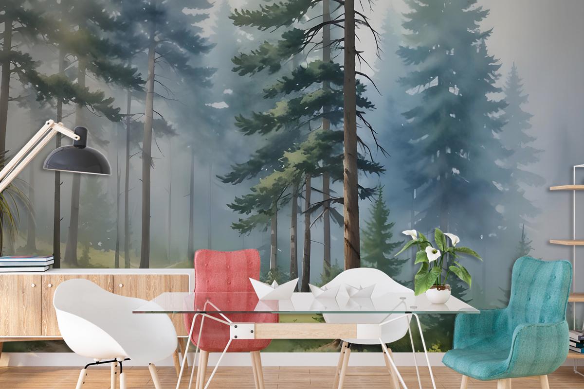 Watercolor Painting Misty Forestscape Wallpaper Mural