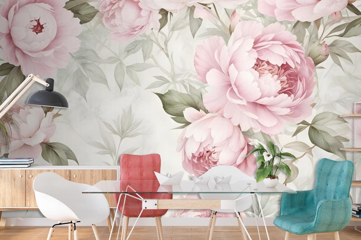 Watercolor Pink Peony Floral Blossom Wallpaper Mural