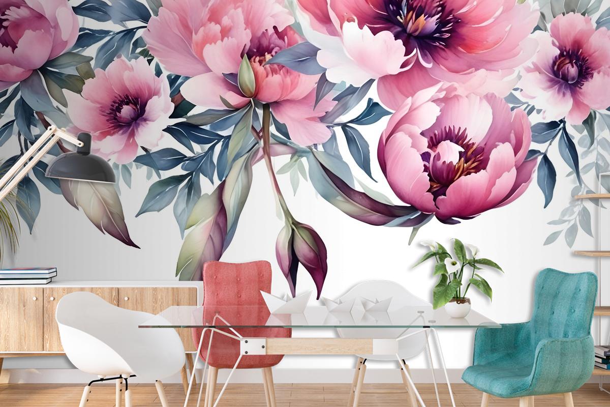 Watercolor Pink Peony Flower Wallpaper Mural