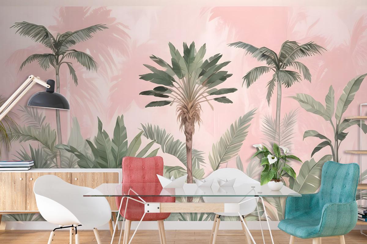Watercolor Pink Tropical Chinoiserie Wallpaper Mural