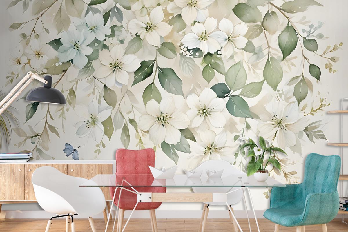 Watercolor Soft Floral With Green Leaves Wall Mural