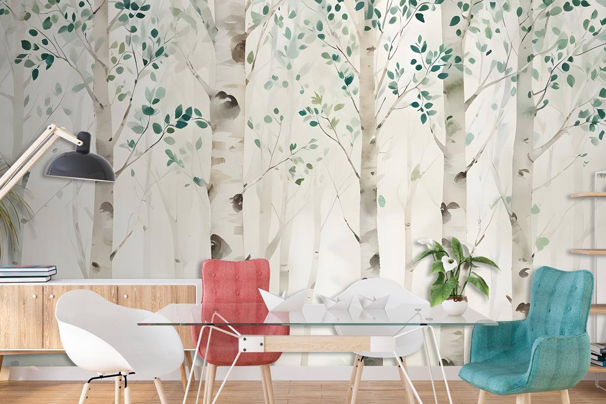 Watercolor Style Forest With Green Brown Little Leaves Wallpaper Mural