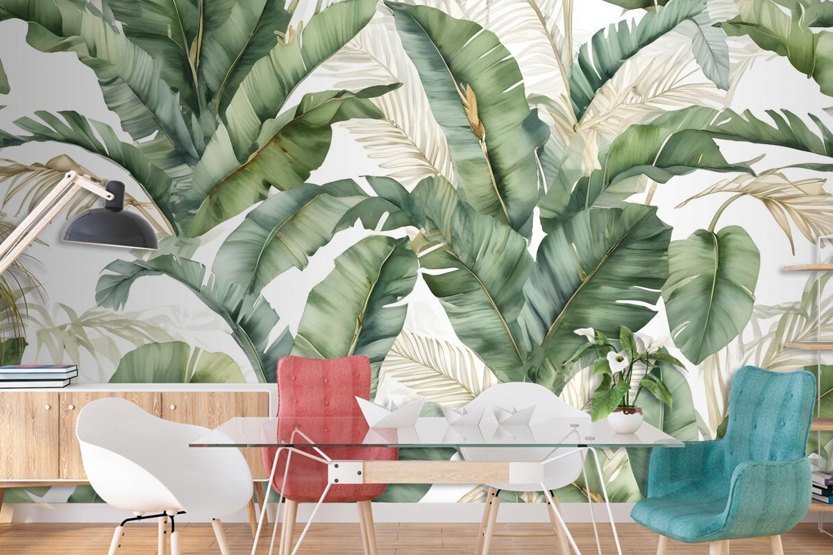 Watercolor Tropical Banana Leaf With Faux Gold Details Wallpaper Mural