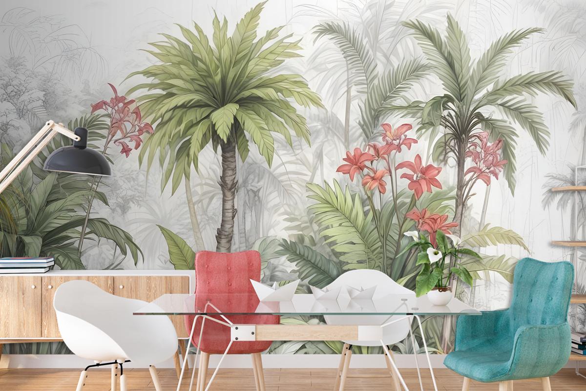 Watercolor Tropical Leaf And Flowers Wallpaper Mural