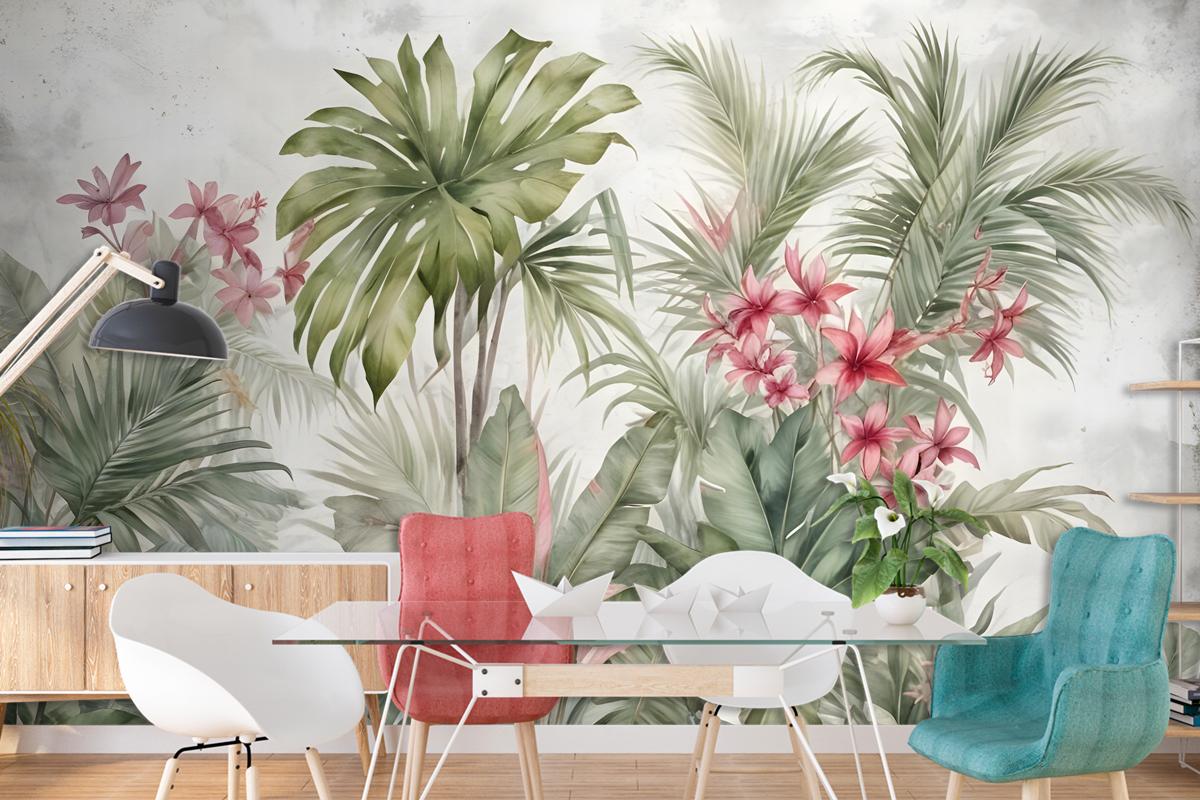 Watercolor Tropical Leaf And Flowers Wallpaper Mural