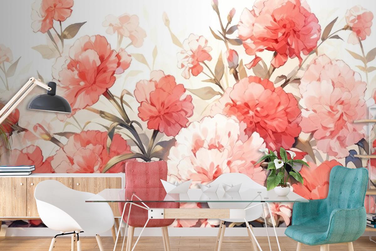 Watercolor Vintage Carnations Pattern With Complementary Colors Wallpaper Mural
