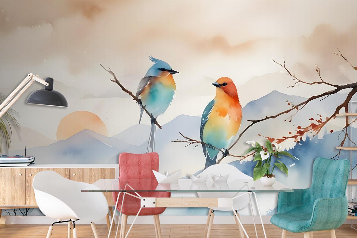 Watercolor Winter Landscape And Colorful Bird Wallpaper Mural
