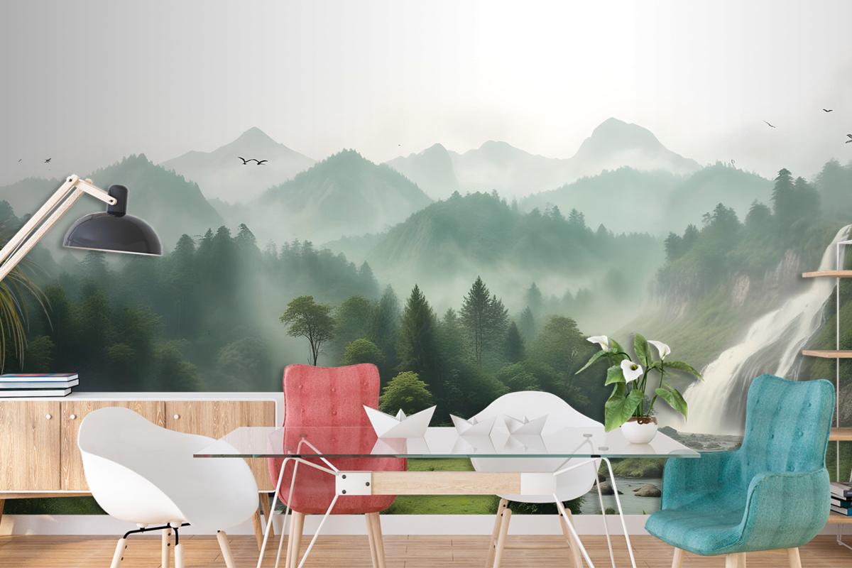 Waterfall With Misty Green Forest Landscape Wallpaper Mural