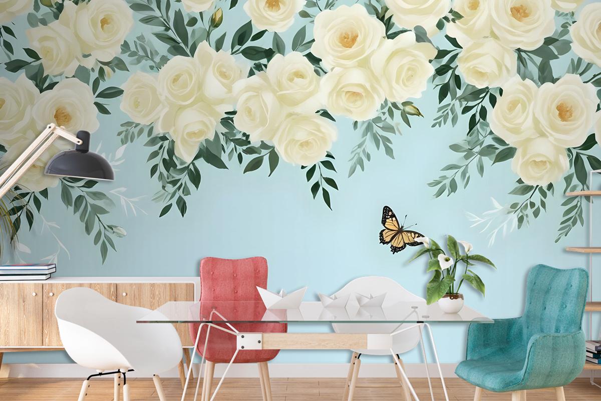 White Flowers And Yellow Butterfly Wallpaper Mural