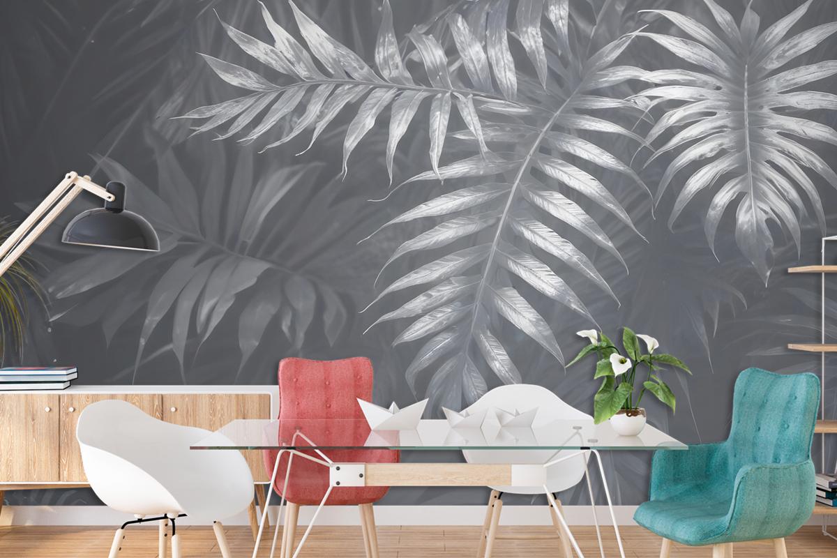 White Tropical Leafy Wallpaper Mural