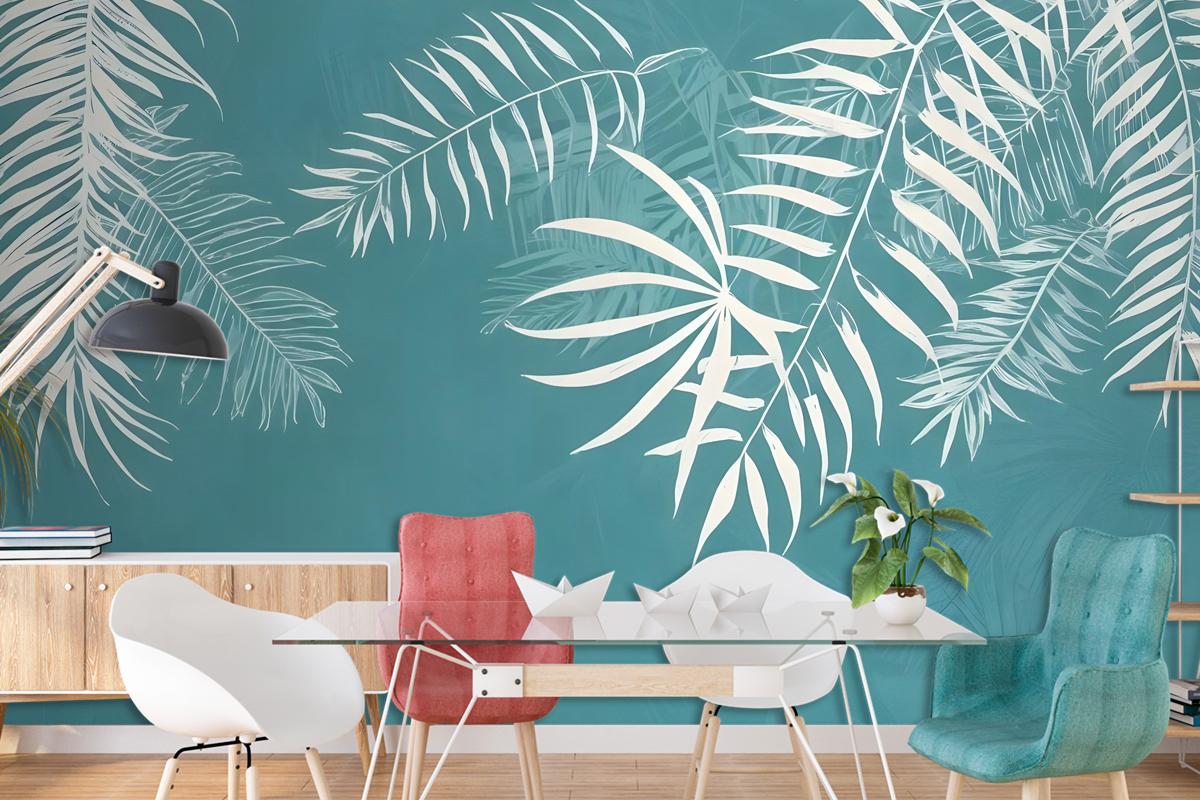 White Tropical Leaves Wallpaper Mural