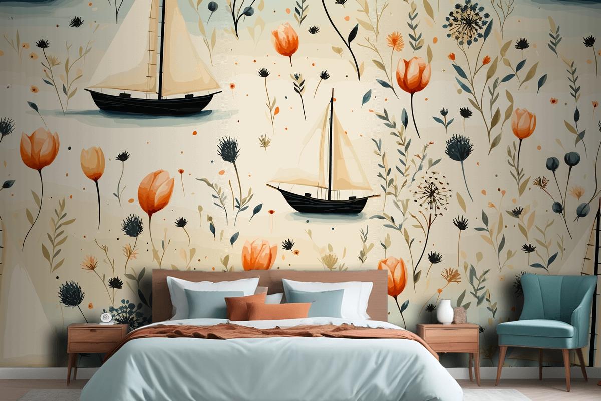 Sea Animals A Lighthouse And A Boat With Shells Starfish Bedroom Wallpaper Mural