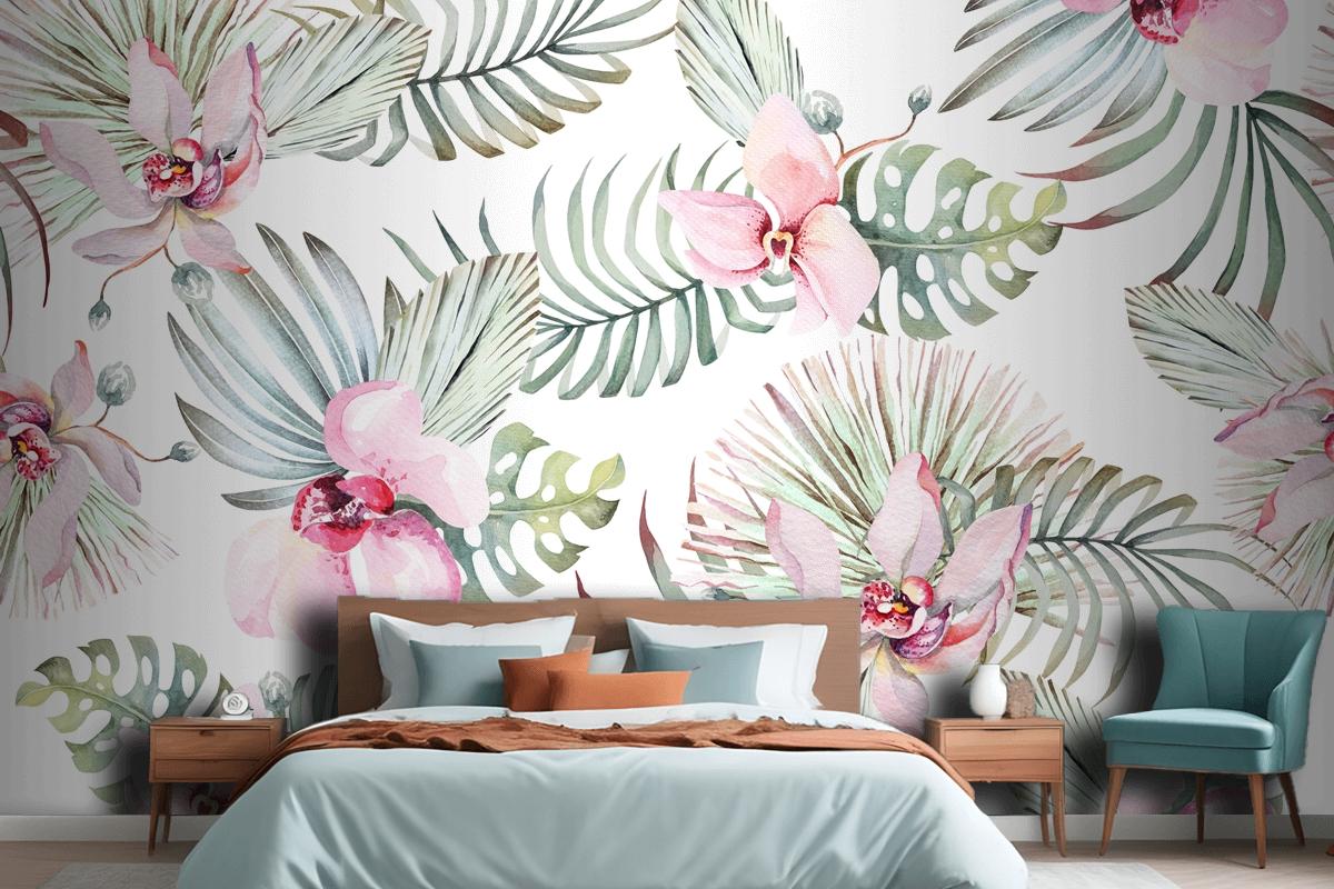 Seamless Pattern Of Tropical Plant Orchid And Flower For Fabric Bedroom Wallpaper Mural