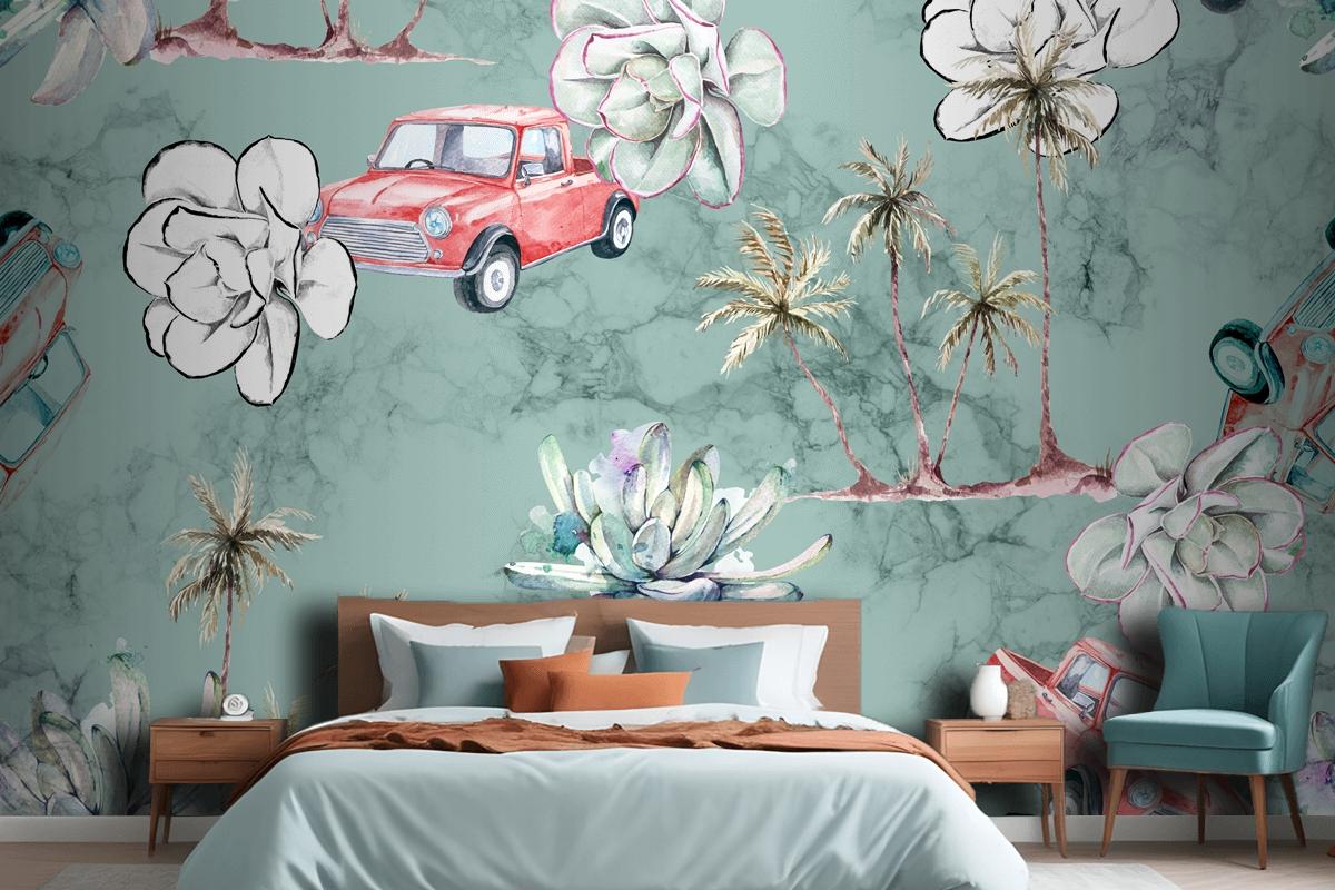 Seamless Pattern Tropical And Palm Trees Bedroom Wallpaper Mural