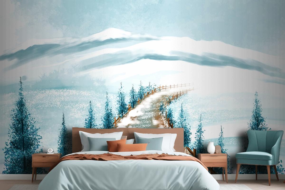 Winter Landscape With Snowy Christmas Tree Card Bedroom Wallpaper Mural