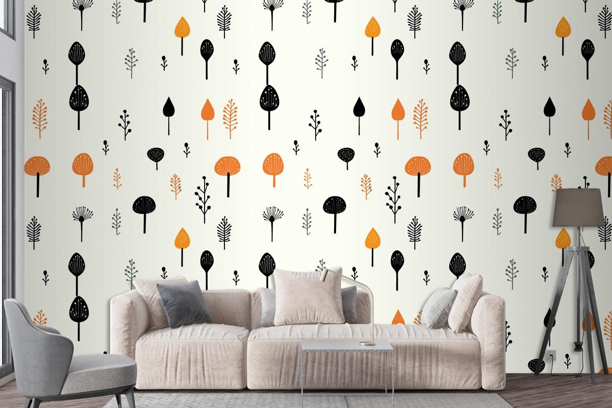 Black Mushroom And Leaf Pattern On A White Living Room Wallpaper Mural