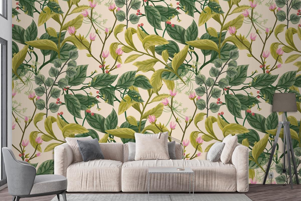 Flower And Leaves Background Living Room Wallpaper Mural