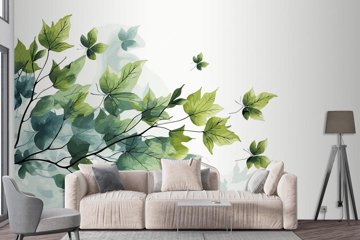 Fresh Baby Spinach Leaves On White Marble Living Room Wallpaper Mural