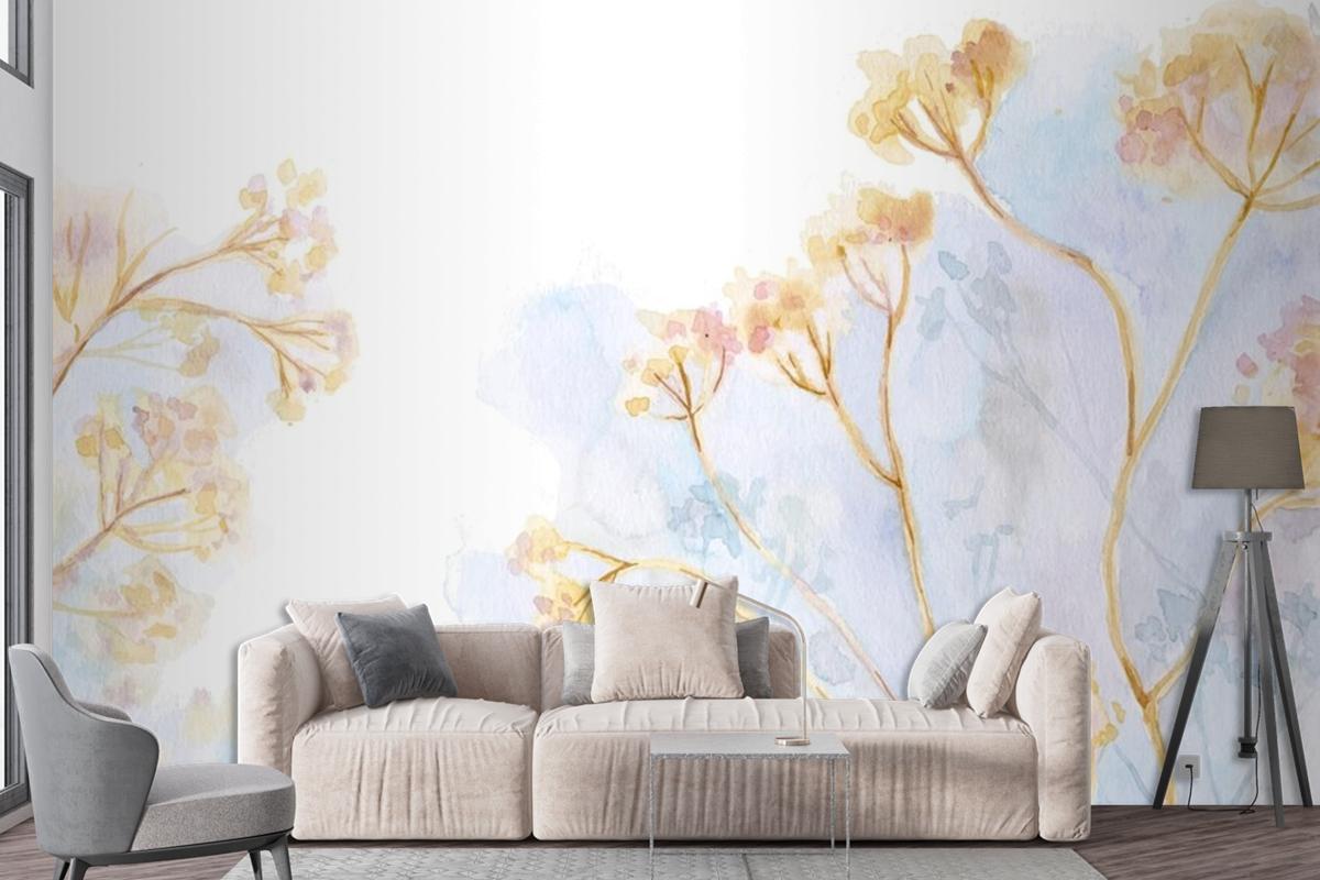 Hand Painted Watercolor Nature Living Room Wallpaper Mural