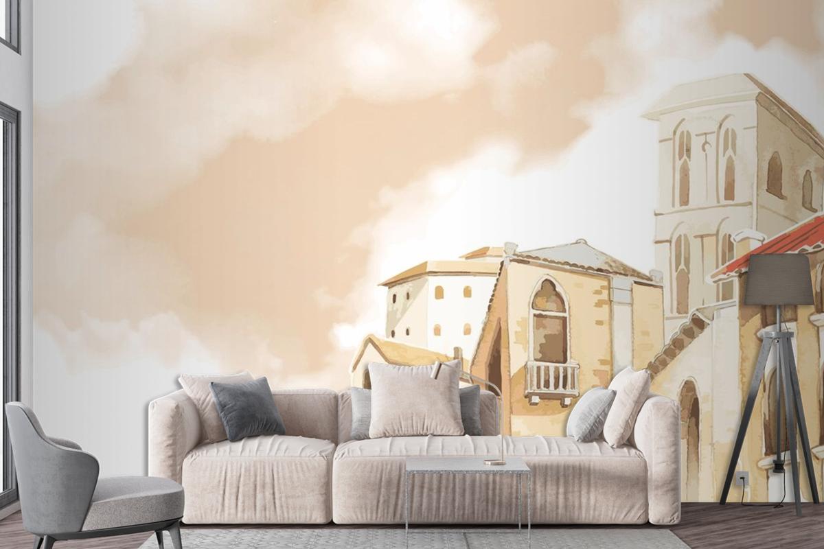 Mediterranean City Building Exterior Water Color Style Living Room Wallpaper Mural