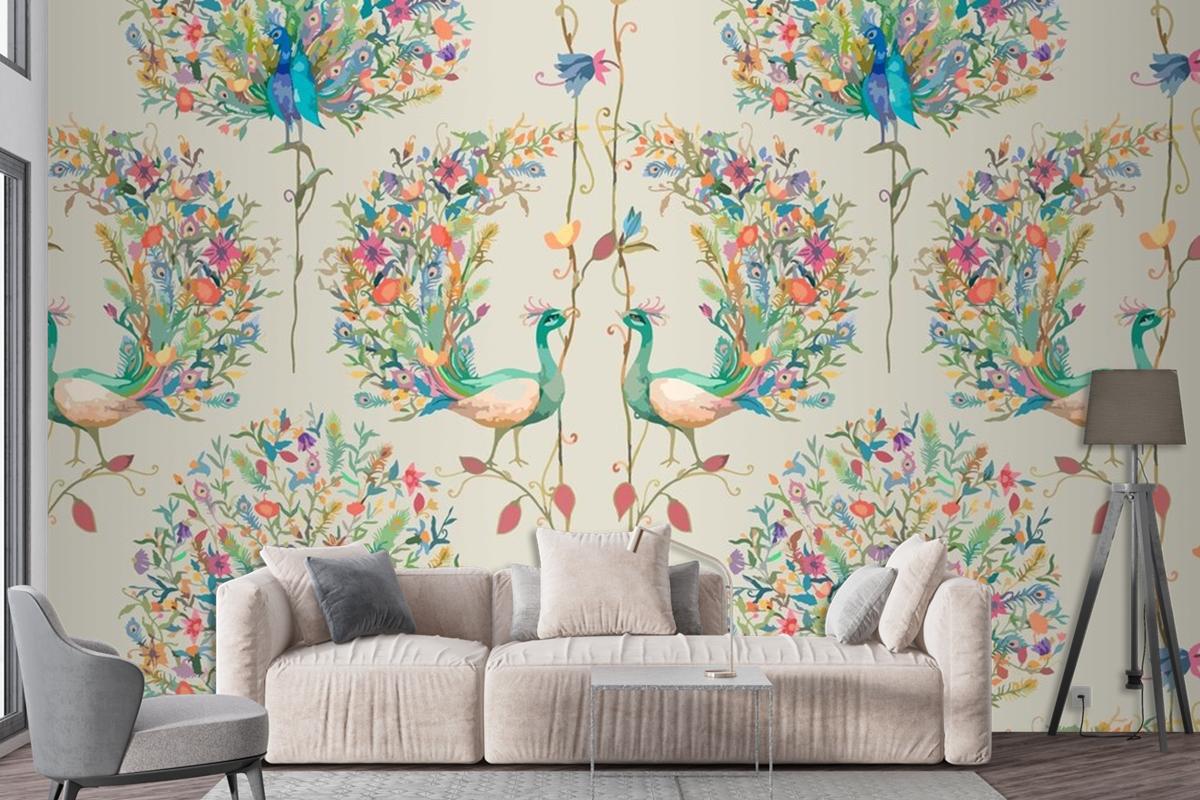 Pattern Background With Watercolor Peacock And Flower Living Room Wallpaper Mural
