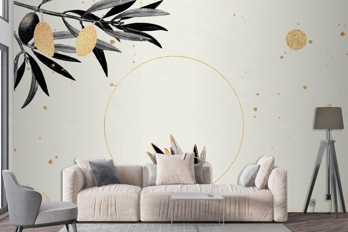 Round Gold Frame With Olive Branches Living Room Wallpaper Mural