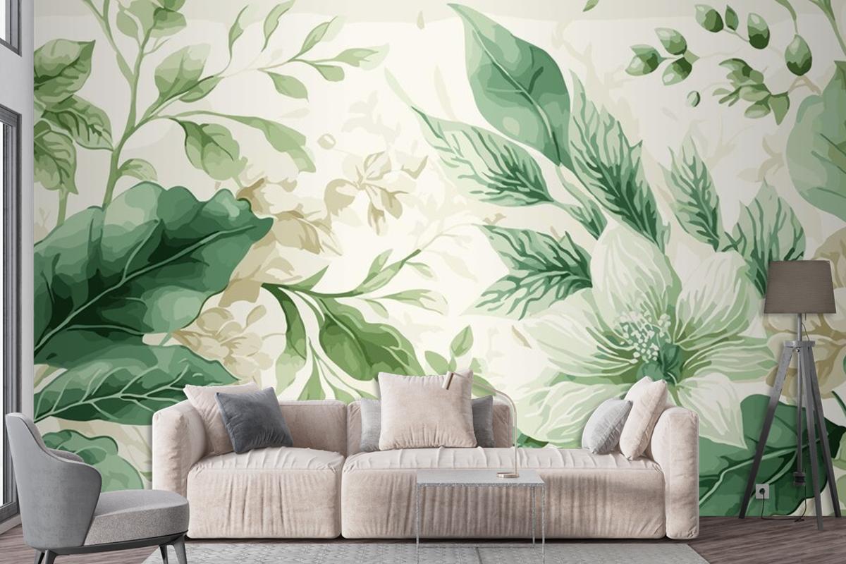 Seamless Watercolor Green And Beige Floral Pattern Living Room Wallpaper Mural
