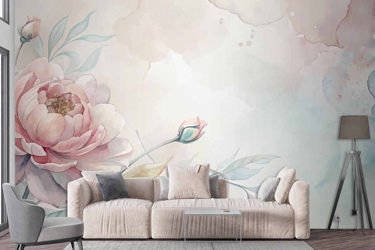 Soft Pastel Floral Watercolor Living Room Wallpaper Mural