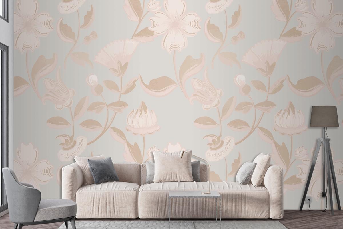 Vintage Neutral Floral Pattern Living Room Wallpaper Mural