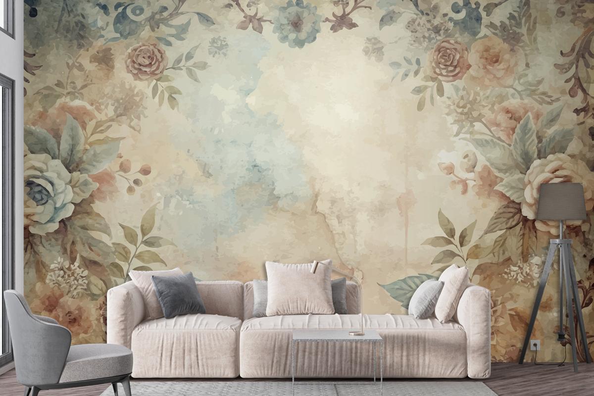 Watercolor Frame Background Of Flowers Living Room Wallpaper Mural