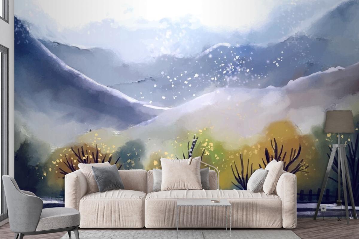 Watercolor Mountain Landscape Living Room Wallpaper Mural